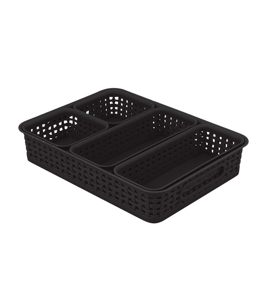 13.5" x 2.5" Plastic Weave Storage Bins 5ct by Hudson 43, Black, swatch, image 1