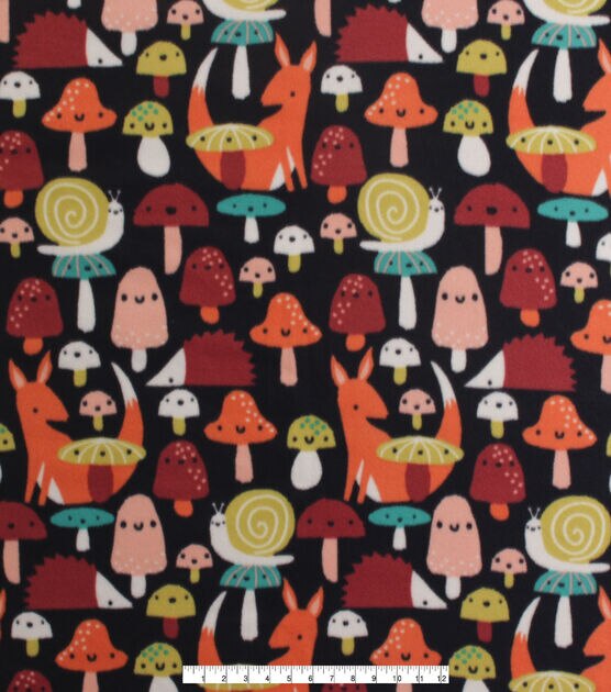 Fox & Mushrooms on Black Blizzard Fleece Fabric, , hi-res, image 2