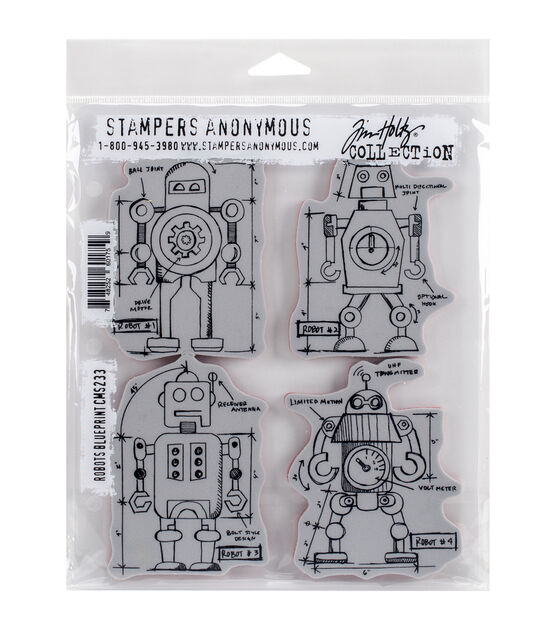 Stampers Anonymous Tim Holtz Robots Blueprint Cling Rubber Stamp Set