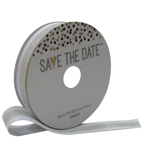Save the Date 7/8'' X 15' Ribbon Glitter Stripe White