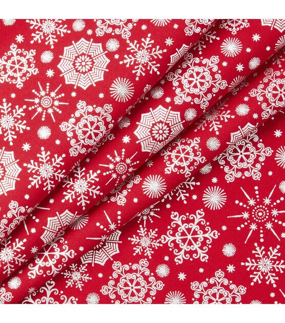 White Snowflakes on Red Christmas Metallic Cotton Fabric, , hi-res, image 2