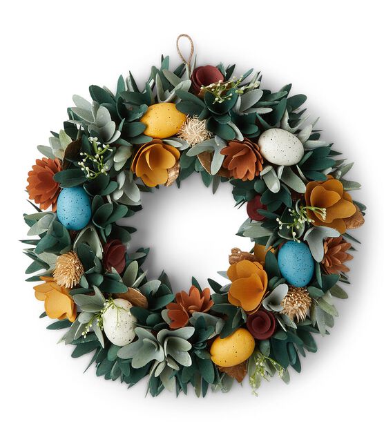 15" Easter Green & Yellow Egg Woodchip Flower Wreath by Bloom Room