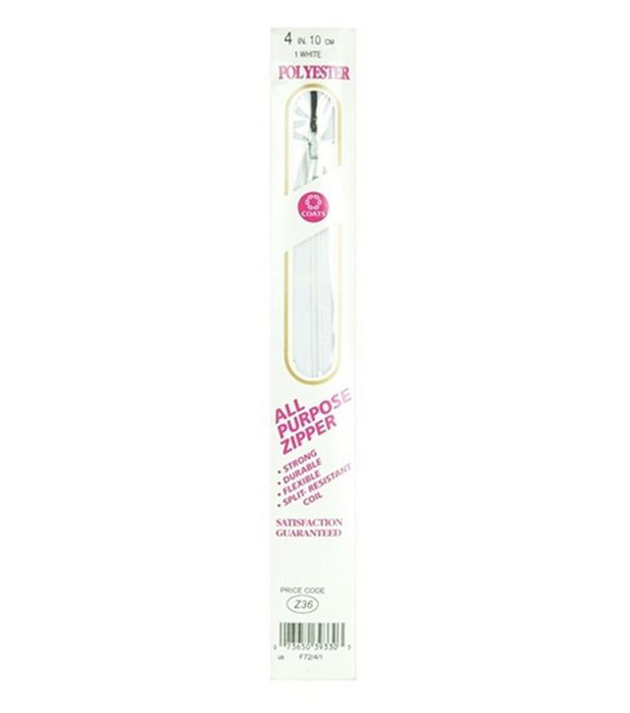 Coats & Clark All Purpose Plastic Zipper 4", White, swatch