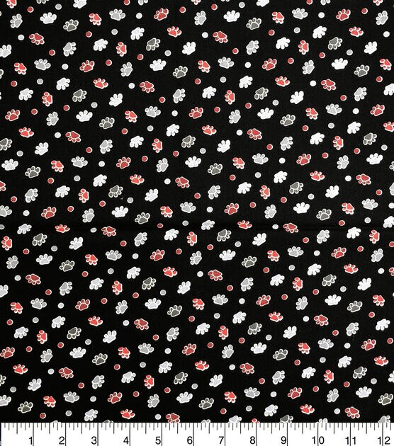 Novelty Cotton Fabric Paw Prints & Dots on Black