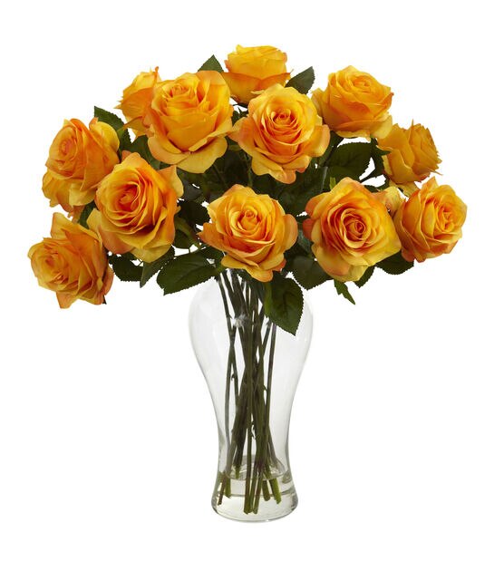 Nearly Natural 18" Mustard Yellow Blooming Roses with Vase, , hi-res, image 1
