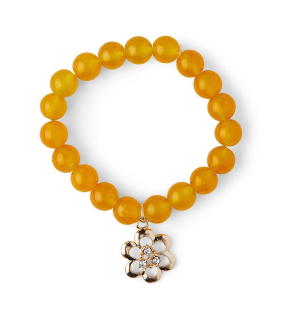 Yellow Beaded Stretch Bracelet With Gold Flower Charm by hildie & jo, , hi-res, image 2