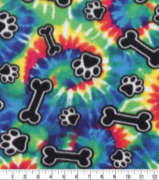 Bones & Paws on Tie Dye Anti Pill Fleece Fabric