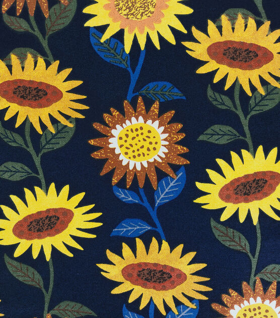Animated Sunflowers Indigo Cotton Canvas Fabric