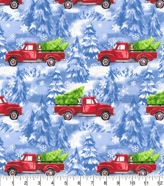 Fabric Traditions Glitter Red Truck on Blue Christmas Cotton Fabric