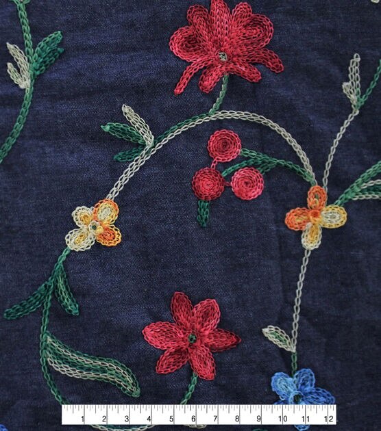 Multicolor Floral Embroidered Cotton Denim Fabric, , hi-res, image 2