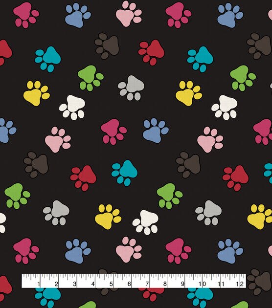 Novelty Cotton Fabric Multi Colors Paws on Black