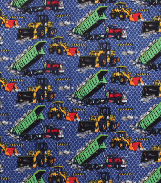 Construction Trucks on Blue Anti Pill Fleece Fabric