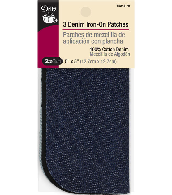 Dritz Denim Iron-On Patches, 5" x 5", 3 pc, Assorted Colors