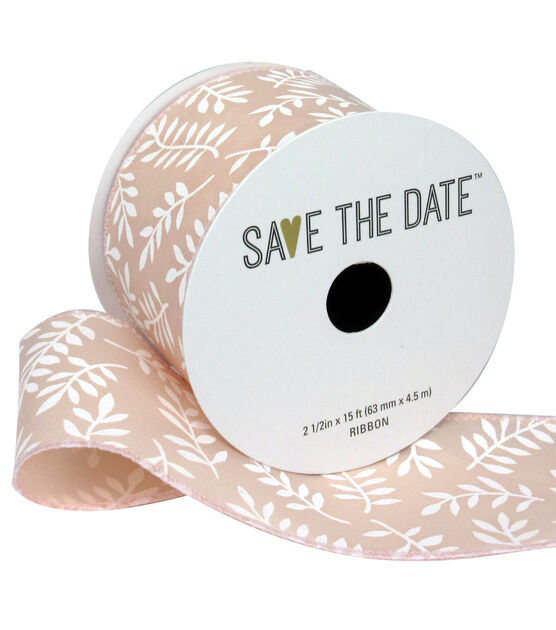 Save the Date 2.5" x 15' White Ferns on Blush Ribbon