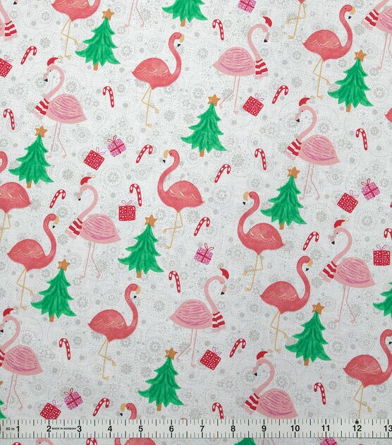 Flamingos & Trees on White Christmas Cotton Fabric