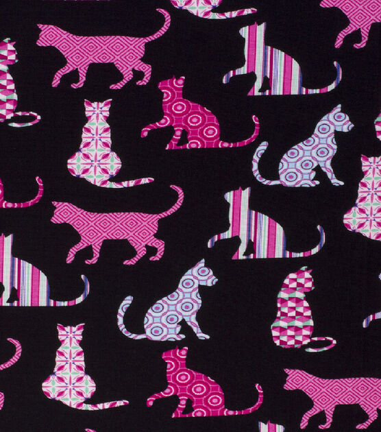 Novelty Cotton Fabric Patterned Pink Cats on Black