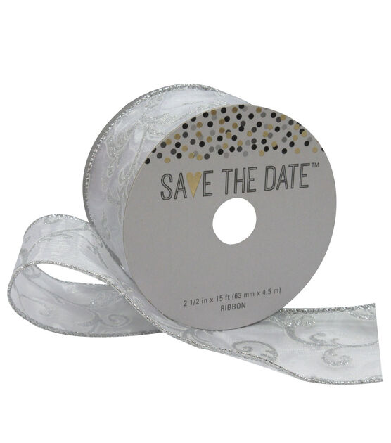 Save the Date 2.5'' X 15' Ribbon Ivory Wired Sheer