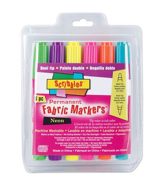 Dual Tip Permanent Fabric Markers 6 Pkg Neon