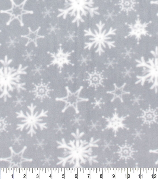 White Snowflakes on Gray Anti Pill Fleece Fabric, , hi-res, image 3