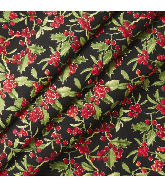 Fabric Traditions Holly Leaves & Berries Christmas Glitter Cotton Fabric, , hi-res, image 2