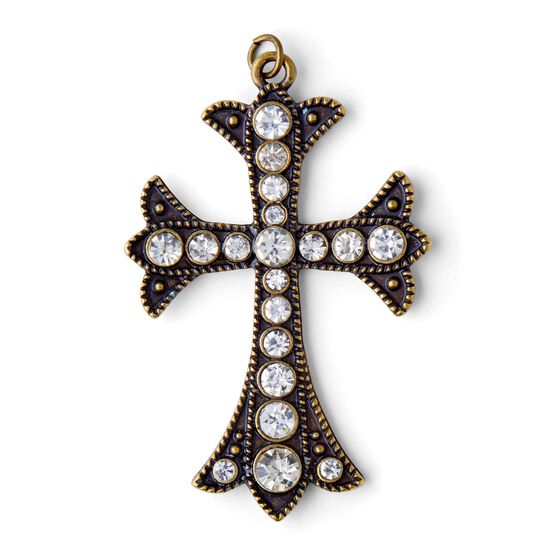 2.5" x 2" Antique Gold Cross Pendant With Clear Crystals by hildie & jo, , hi-res, image 2
