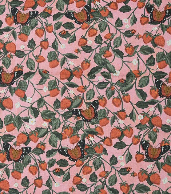 Brent Carlson Strawberry And Butterfly On Pink Quilt Cotton Fabric