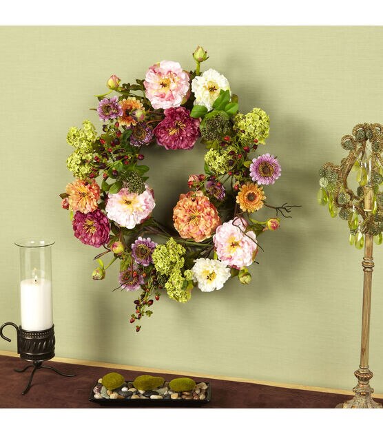 Nearly Natural 24" Peony Wreath, , hi-res, image 2