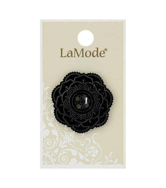 La Mode 1 3/8" Black Mirrored Flower 4 Hole Button