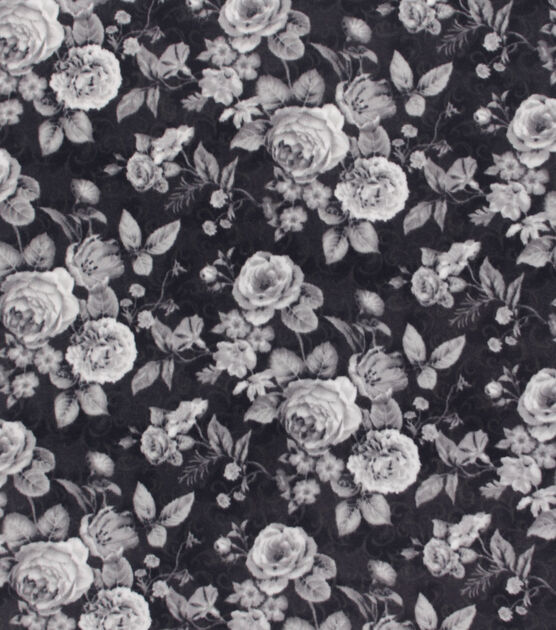 White Vintage Floral on Black Anti Pill Fleece Fabric, , hi-res, image 2