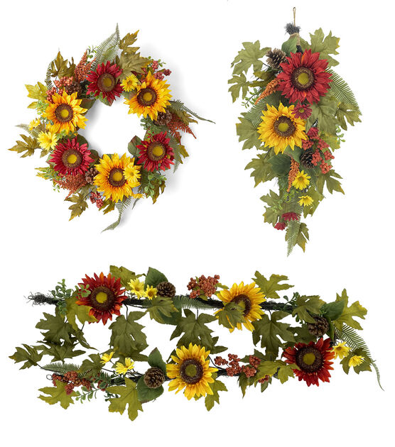 Coordinating Fall Yellow Sunflower & Daisy Wreath Teardrop & Garland