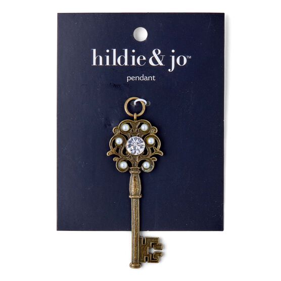 3" x 1" Antique Gold Key Pendant With Crystal & Pearls by hildie & jo