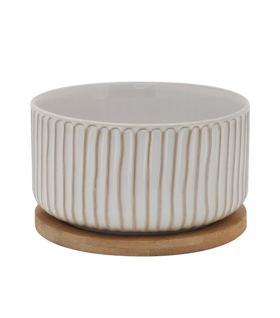 6" White Ceramic Planter With Bamboo Base by Bloom Room