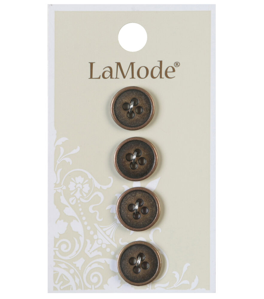 La Mode 1/2"Metal Round 4 Hole Buttons 4pk, Antgld, swatch