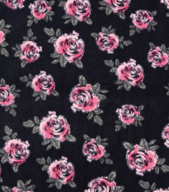 Pink Roses on Black Anti Pill Fleece Fabric