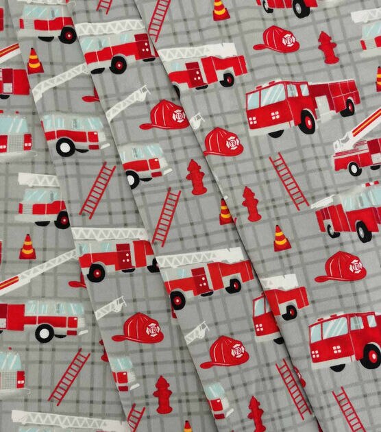 Fire Trucks on Plaid Nursery Flannel Fabric, , hi-res, image 2