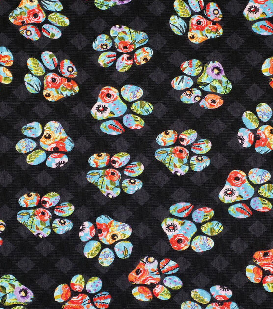 Novelty Cotton Fabric Floral Paw Prints