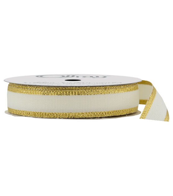 Offray Metallic Edge Grosgrain Ribbon 5/8"x9' White and Gold, , hi-res, image 1
