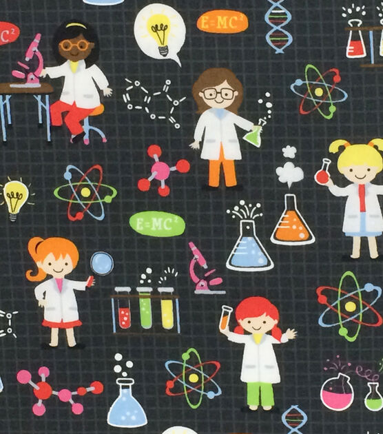 Novelty Cotton Fabric 44" Girl Science on Black