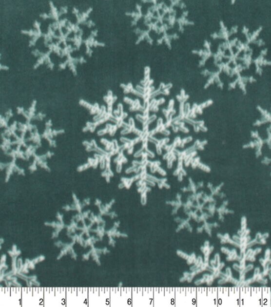 White Snowflakes on Green Anti Pill Fleece Fabric, , hi-res, image 3