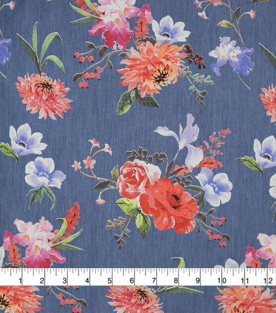 Blue Mum & Iris Floral Cotton Denim Fabric