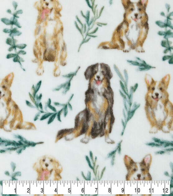 Dogs & Leaves on White Anti Pill Fleece Fabric, , hi-res, image 3