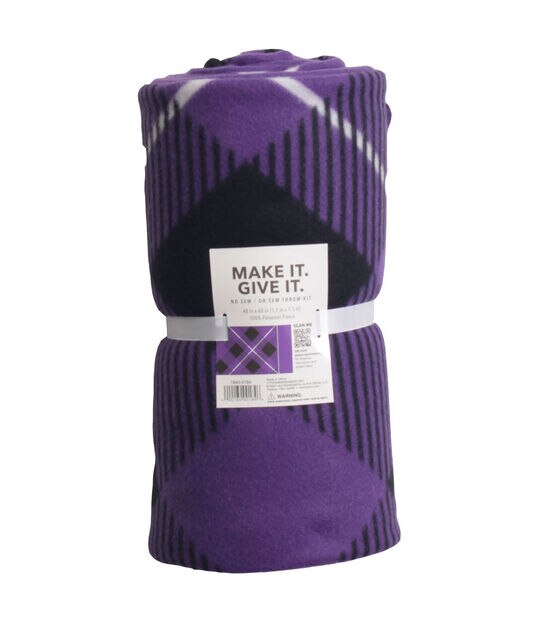 48" Wide Purple Bias Plaid No Sew Fleece Blanket by Make It Give It, , hi-res, image 2