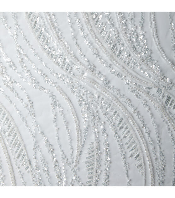 Badgley Mischka White Pearl Sequin Beaded Mesh Fabric