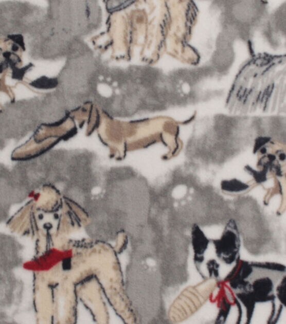 Watercolor Pups on Gray Anti Pill Fleece Fabric