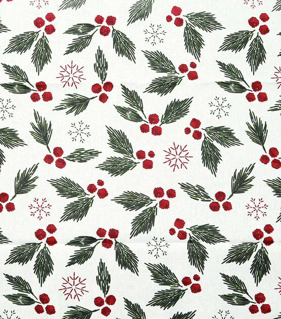 Holly Leaves & Berries on White Christmas Cotton Fabric