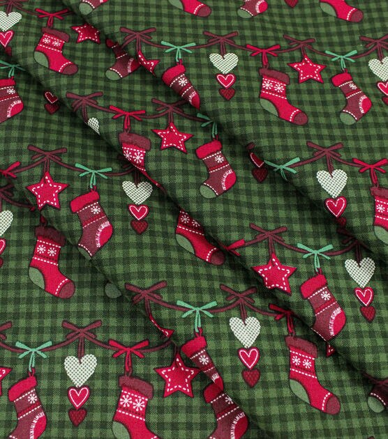 Stitched Stockings on Checks Christmas Cotton Fabric, , hi-res, image 2
