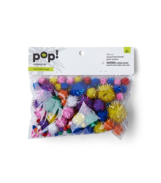 Pop! Tinsel Pom Bright Assorted 100ct - Kids Craft Basics - Kids