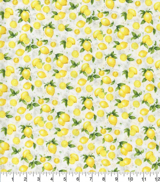 Hi Fashion Tossed Lemons And Slices On White Premium Print Cotton Fabric, , hi-res, image 2
