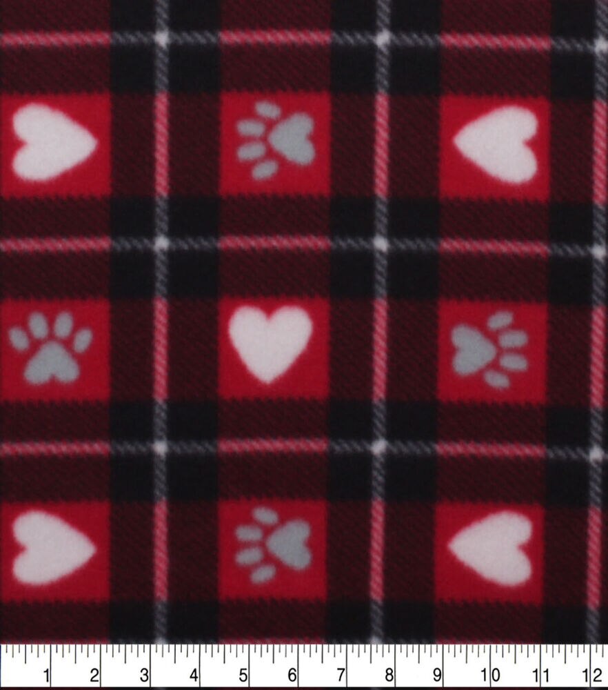 Hearts and Paws Blizzard Fleece Fabric, Red, swatch