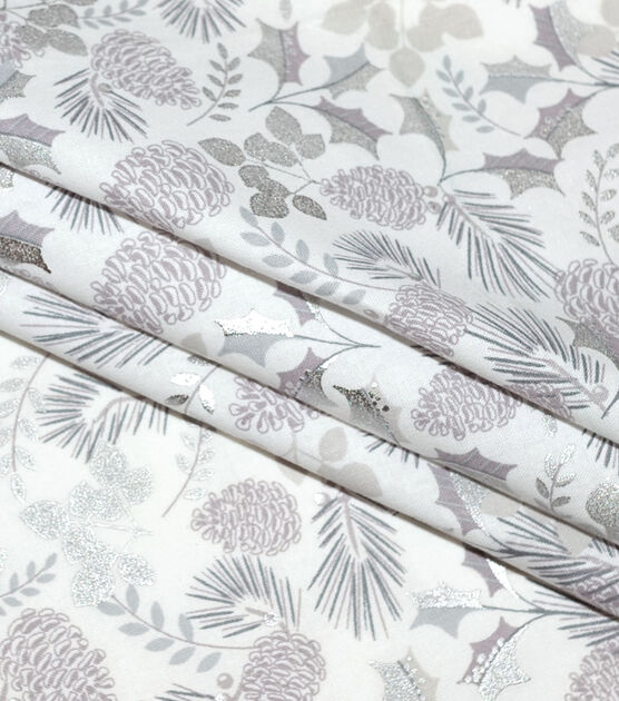 Pinecones & Pine Needles on White Christmas Foil Cotton Fabric, , hi-res, image 3